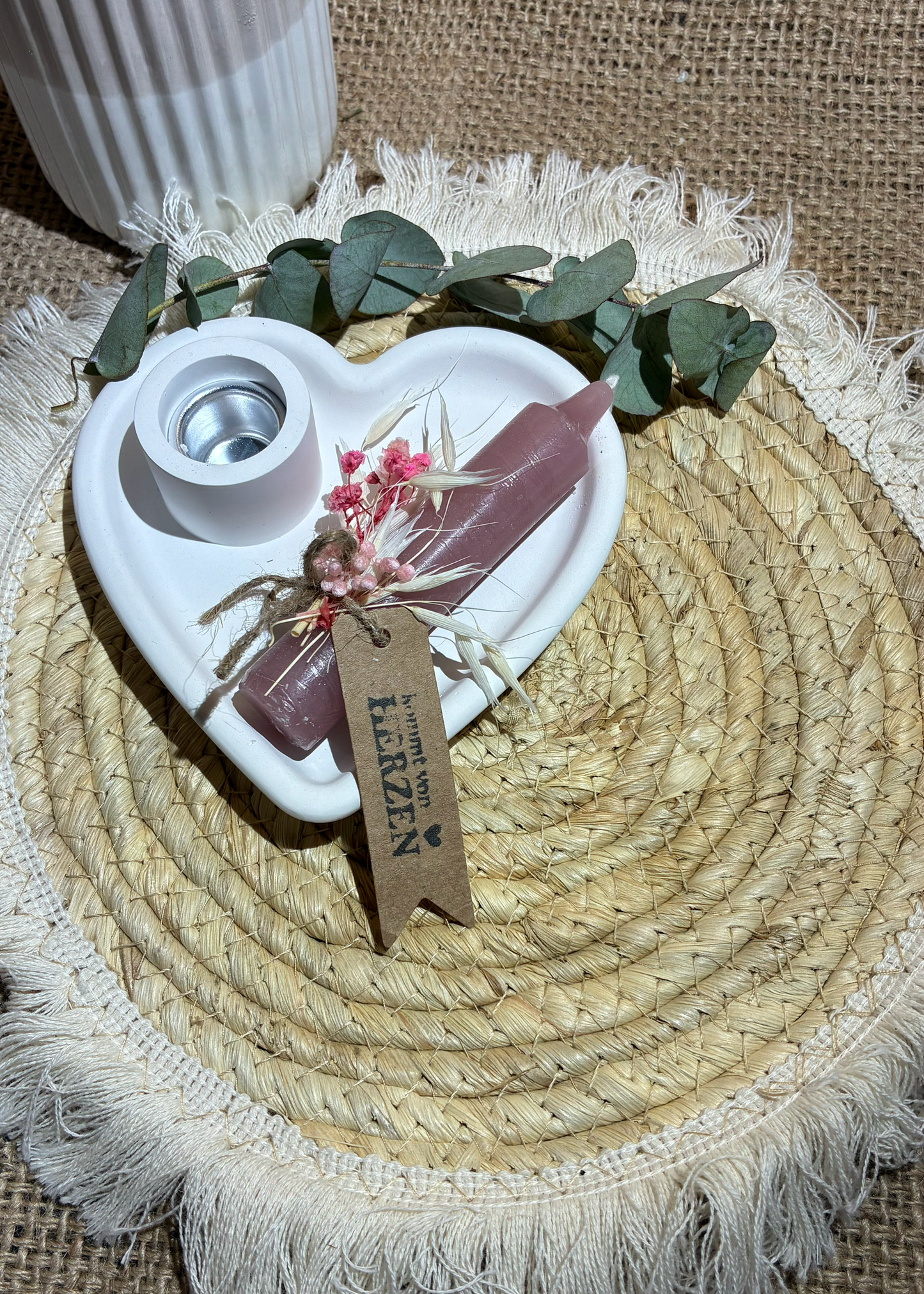 Herz-Kerzenhalter mit Trockenblumen & Kerze
