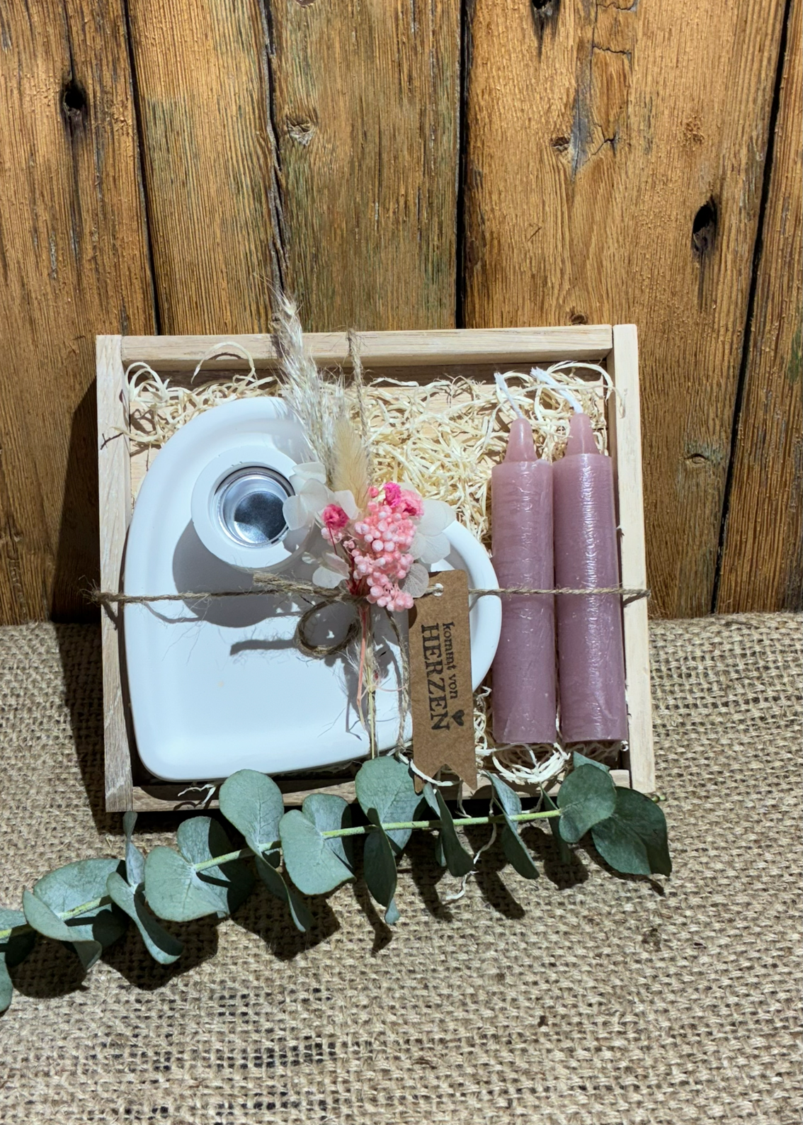 Geschenkset „Von Herzen“ – Kerzenhalter mit Trockenblumen & Kerzen